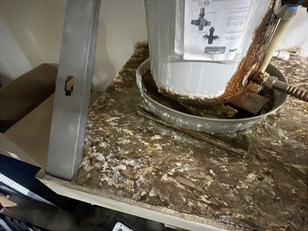 Corroded water heater drain pan found during an annual home maintenance inspection