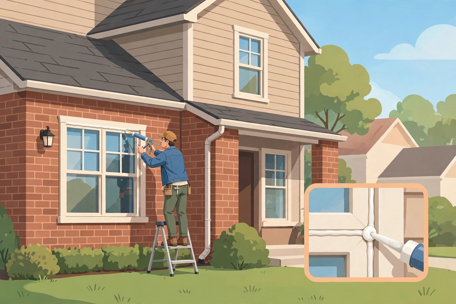 Homeowner on a step ladder applying exterior caulk around a window on a brick and siding home